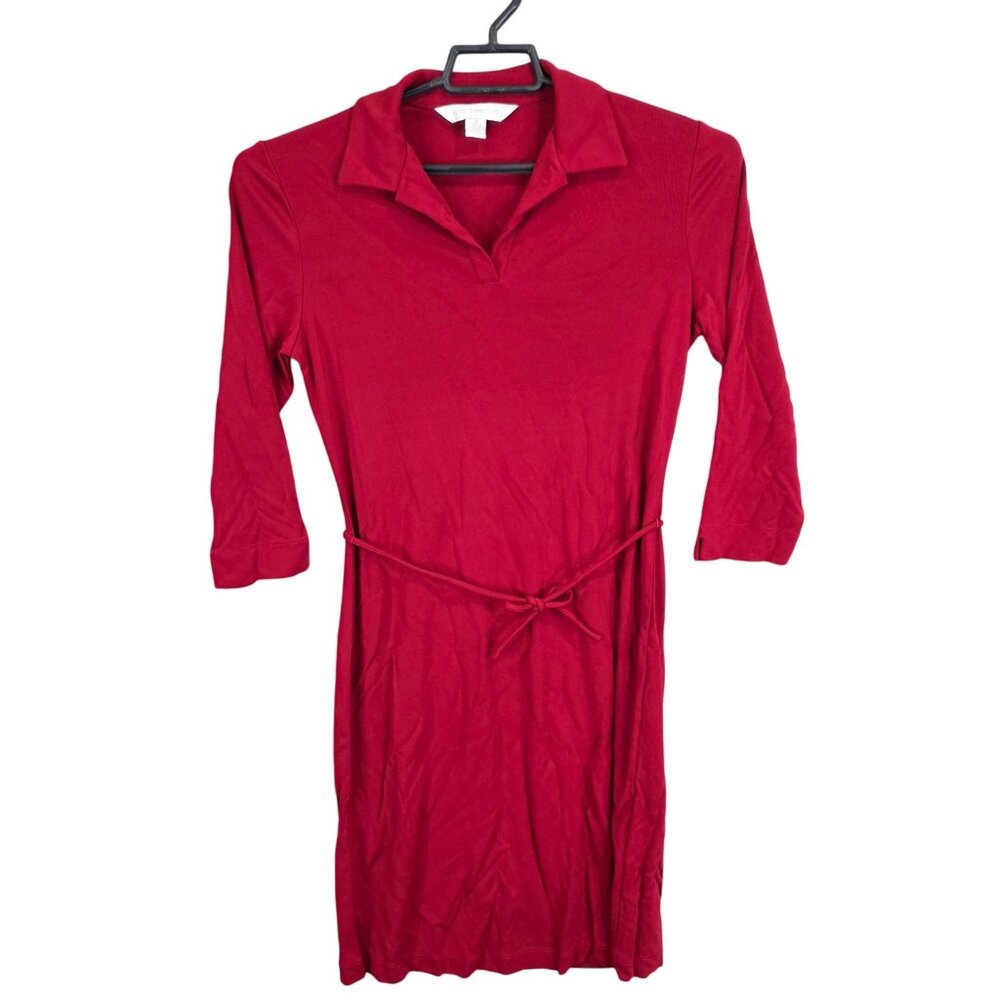 Womens Petite Sophisticate Red Collared Dress 3/4 Sleeve Belted Rayon Blend S